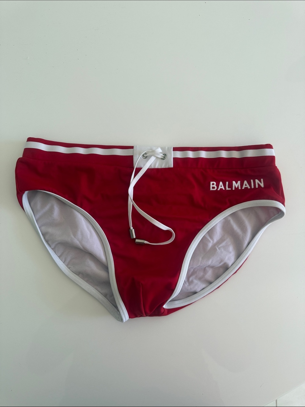 Balmain Red Men's Swim Briefs with White Trim